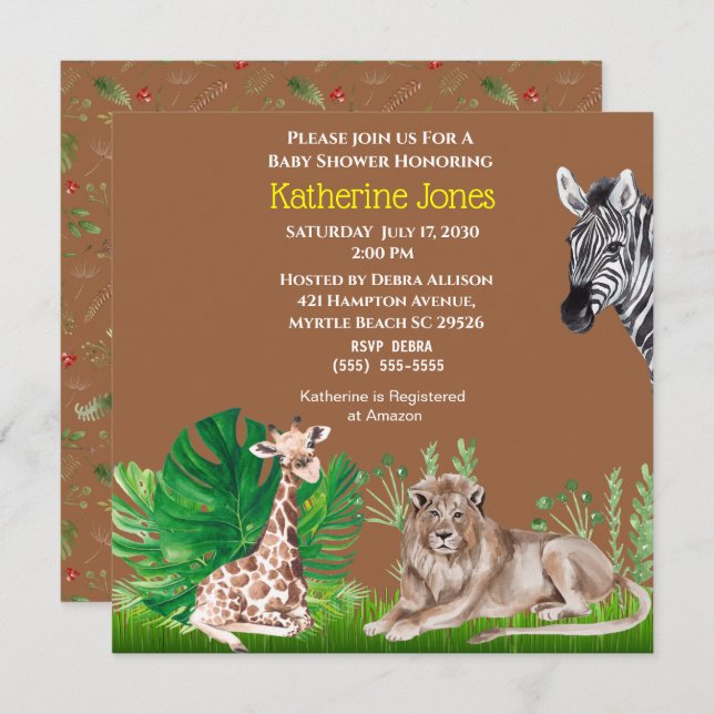 Invitación León de la selva Safari Cute Giraffe Zebra Baby Sh (Anverso / Reverso)