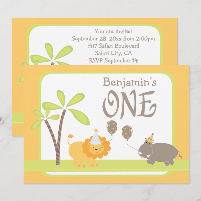 Invitación León de la selva y fiesta de cumpleaños de Hippo (Anverso / Reverso)