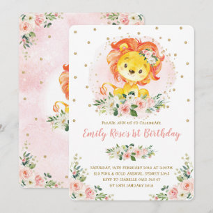 Invitación León floral rosado de Rubor primer cumpleaños Girl