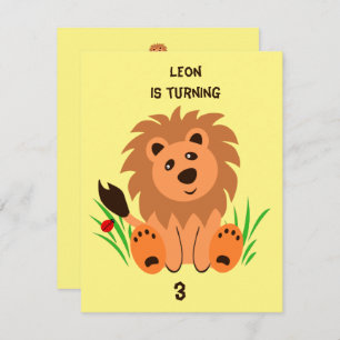 Invitación León lindo en el pasto con mariquita, cumpleaños d