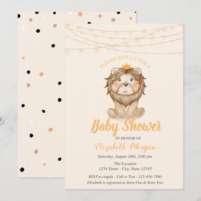 Invitación León Lindo, Luces de Cadena, Cumpleaños de Bebé Pu (Anverso / Reverso)