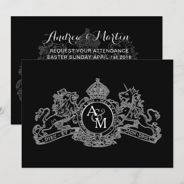 Invitación León negro plateado unicornio Boda de Emblem Regal (Anverso / Reverso)