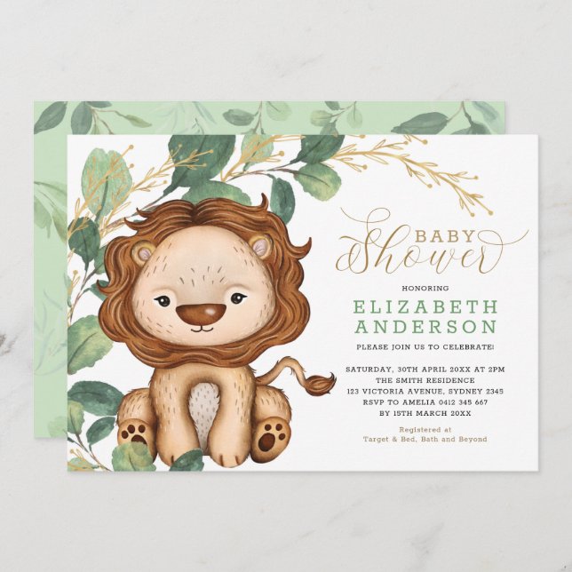 Invitación León Neutral Soft Greenerenerenery Gold Baby Showe (Anverso / Reverso)
