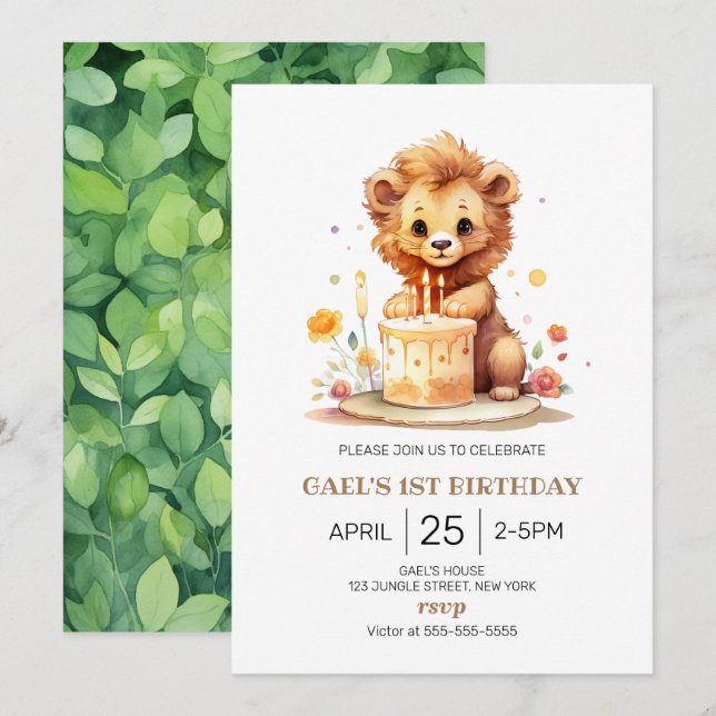 Invitación León Safari 1er cumpleaños (Anverso / Reverso)