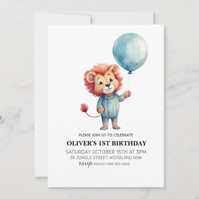 Invitación León Sage Blue Balloon Boys Fiesta de primer cumpl (Anverso)