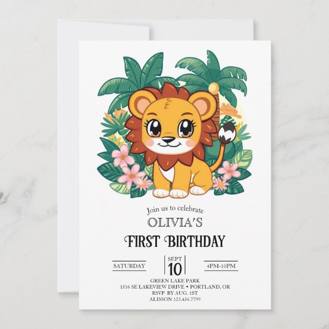 Invitación León simple caprichoso 1er cumpleaños digital (Anverso)