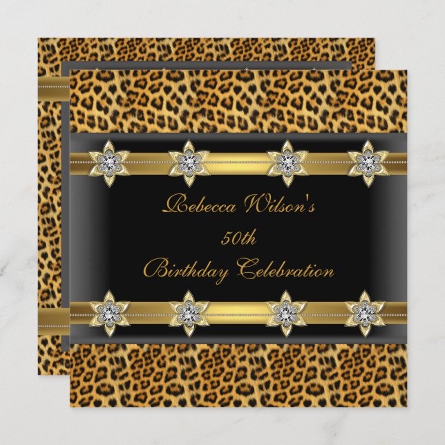 Invitación Leopard 50th Birthday Party Elegant Gold Black (Anverso / Reverso)