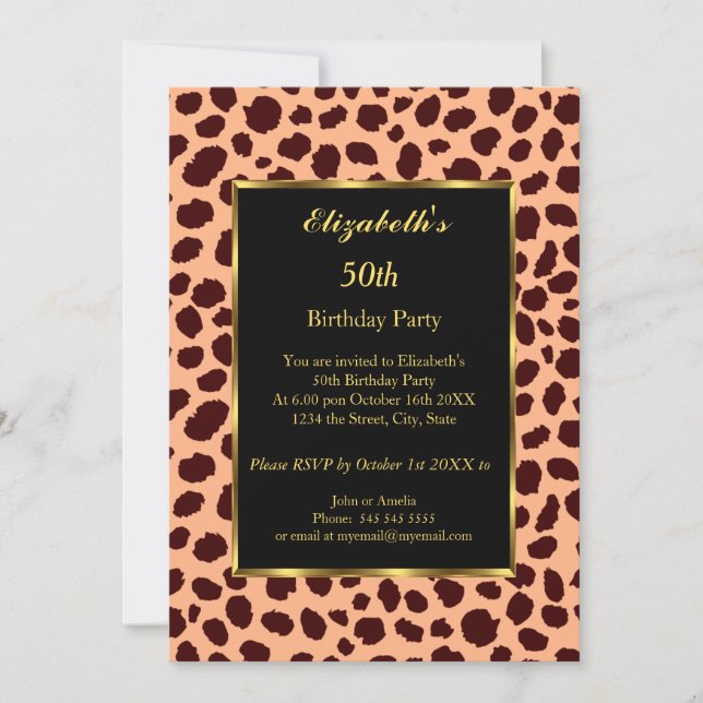 Invitación Leopard 50th Birthday Party Gold Black (Anverso)