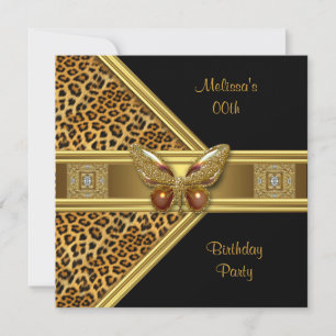 Invitación Leopard Black Gold Butterfly Image Birday Party