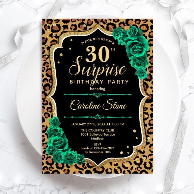 Invitación Leopard Black Gold Green Surprise 30 cumpleaños (Subido por el creador)