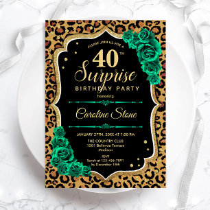 Invitación Leopard Black Gold Green Surprise 40 cumpleaños