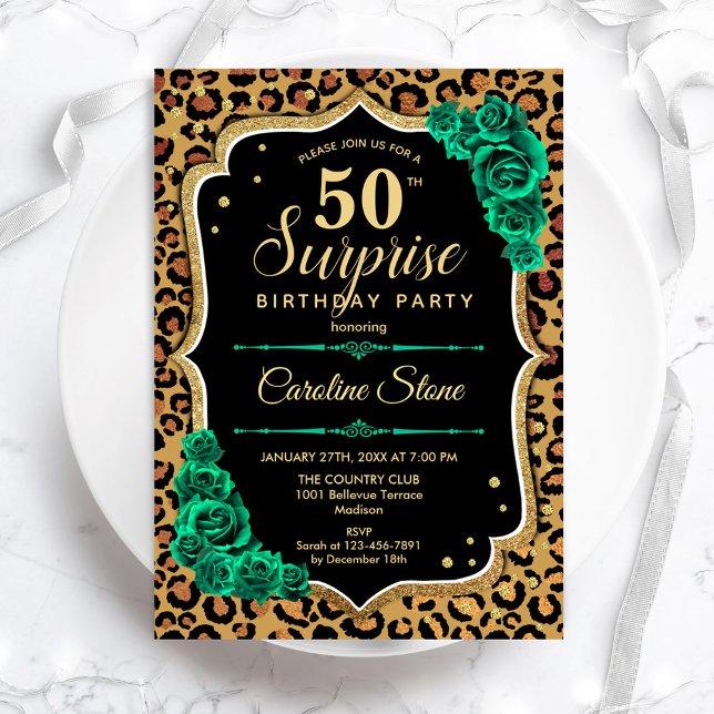 Invitación Leopard Black Gold Green Surprise 50 cumpleaños (Subido por el creador)
