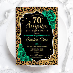 Invitación Leopard Black Gold Green Surprise 70 cumpleaños