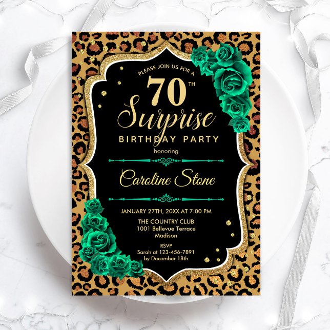 Invitación Leopard Black Gold Green Surprise 70 cumpleaños (Subido por el creador)