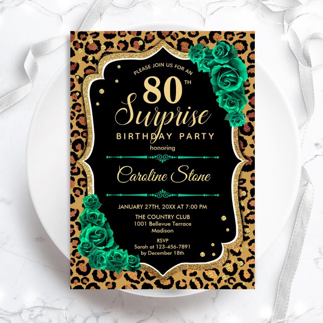 Invitación Leopard Black Gold Green Surprise 80 cumpleaños (Subido por el creador)