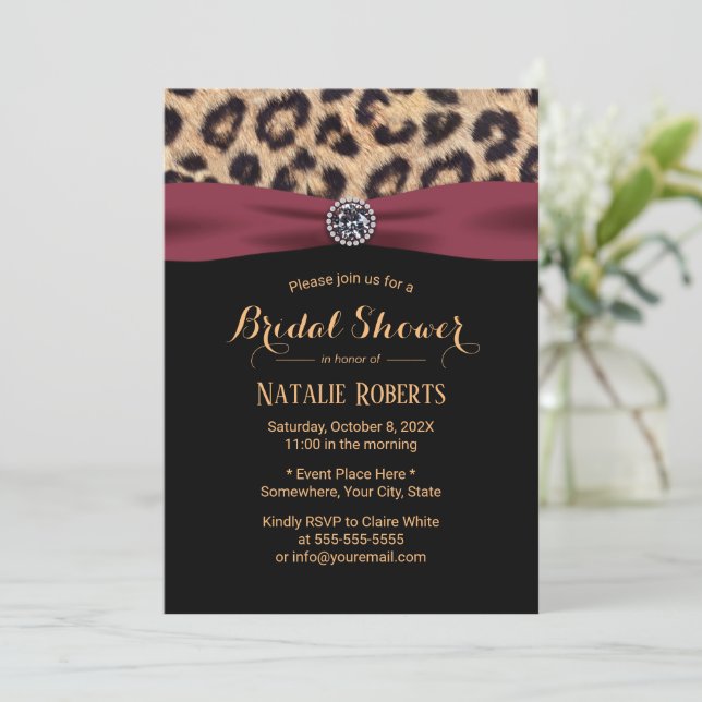 Invitación Leopard Burgundy Ribbon Luxury Bridal Shower (Anverso de pie)
