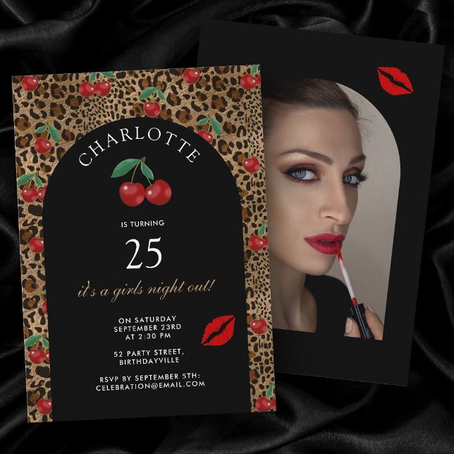 Invitación Leopard Cheetah Animal Print Cherry Birthday Photo (Leopard Cheetah Animal Print Cherry Birthday Photo Invitation)