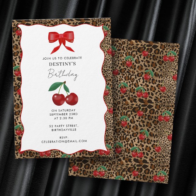 Invitación Leopard Cheetah Animal Print Cherry Girl Birthday (Leopard Cheetah Animal Print Cherry Girl Birthday Invitation)