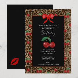 Invitación Leopard Cheetah Animal Print Red Cherry Birthday