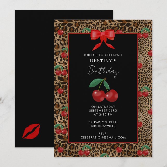 Invitación Leopard Cheetah Animal Print Red Cherry Birthday (Anverso / Reverso)