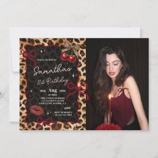 Invitación Leopard Cheetah Cherries Birthday Photo Invitation