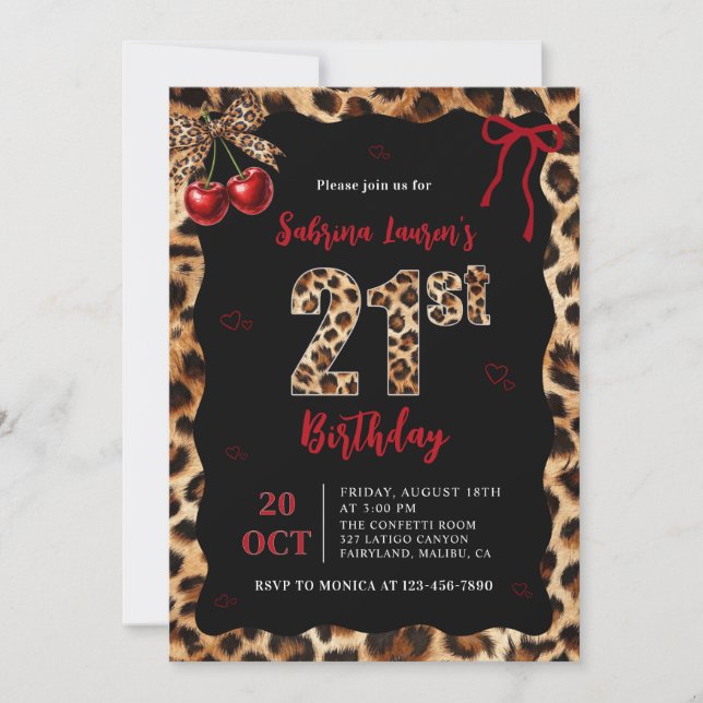 Invitación Leopard Cheetah Cherry 21st Birthday Invitation (Anverso)
