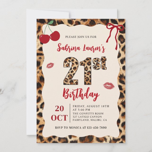 Invitación Leopard Cheetah Cherry Birthday (Anverso)