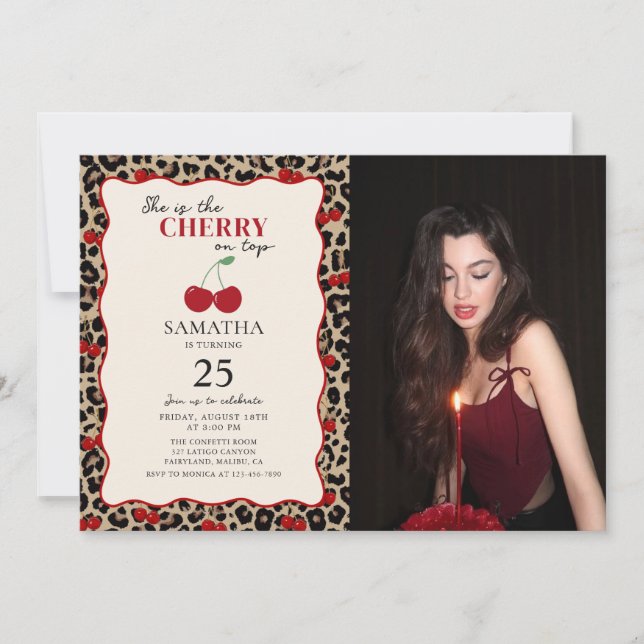 Invitación Leopard Cheetah Cherry On Top Birthday Photo (Anverso)