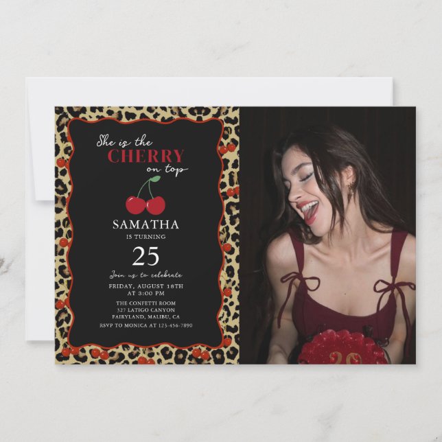 Invitación Leopard Cheetah Cherry On Top Birthday Photo (Anverso)