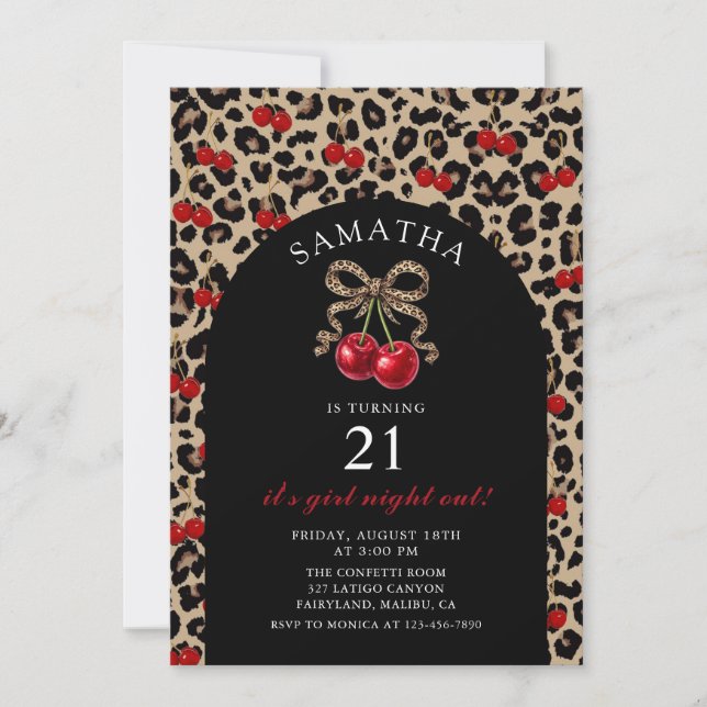 Invitación Leopard Cheetah Coquette Cherry Birthday (Anverso)