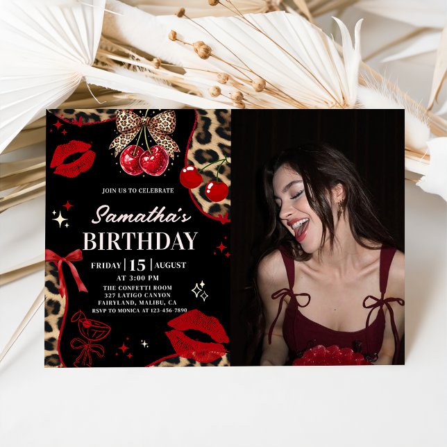 Invitación Leopard Cheetah Coquette Cherry Birthday Photo (Subido por el creador)