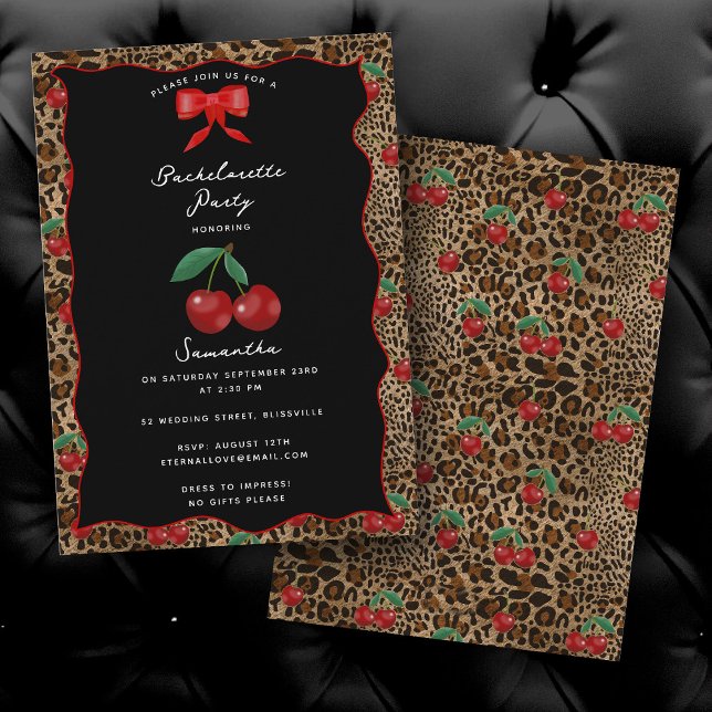 Invitación Leopard Cheetah Print Cherry Cocktail Bachelorette (Leopard Cheetah Print Cherry Cocktail Bachelorette Invitation)