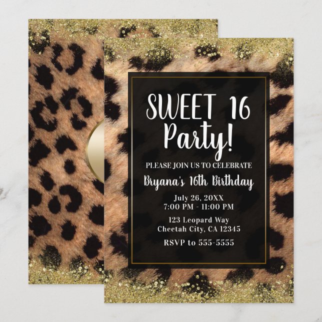 Invitación Leopard Cheetah Print Gold Purpurina Fiesta de cum (Anverso / Reverso)