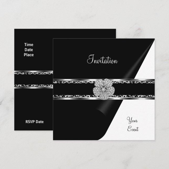 Invitación Leopard Diamond Jewel Black Bow Silver (Anverso / Reverso)