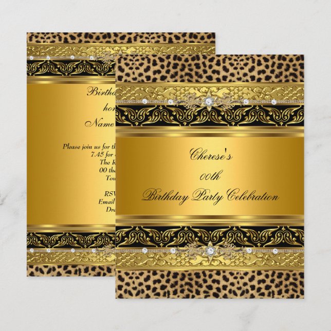 Invitación Leopard Gold Birthday Party Elegant Diamond Black (Anverso / Reverso)