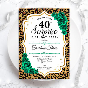 Invitación Leopard Gold White Green Surprise 40 cumpleaños
