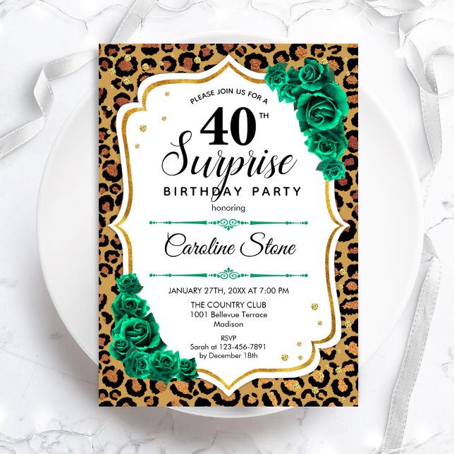 Invitación Leopard Gold White Green Surprise 40 cumpleaños (Subido por el creador)