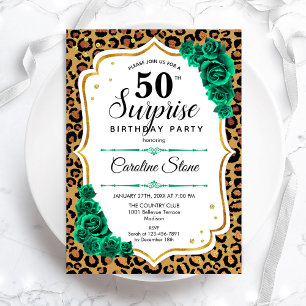 Invitación Leopard Gold White Green Surprise 50 cumpleaños