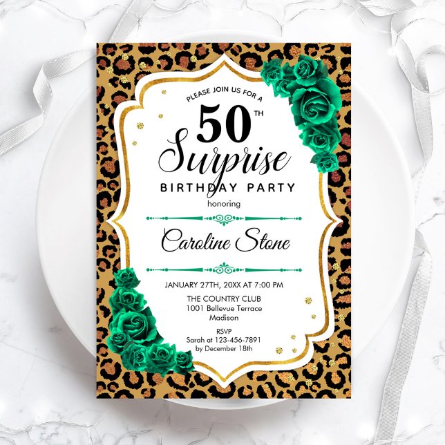 Invitación Leopard Gold White Green Surprise 50 cumpleaños (Subido por el creador)