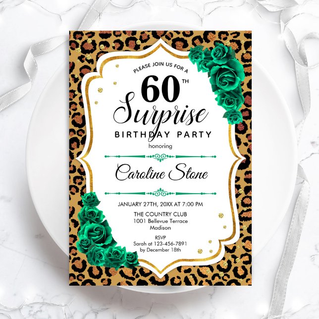 Invitación Leopard Gold White Green Surprise Cumpleaños 60 (Subido por el creador)