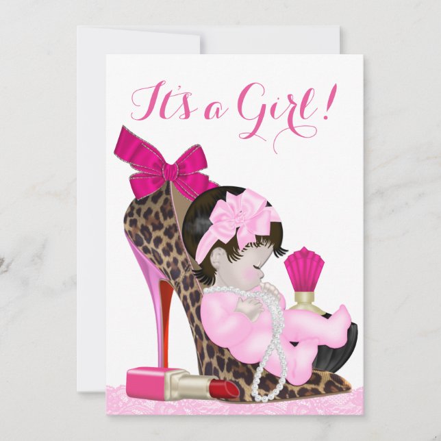 Invitación Leopard High Heel Shoe Girly Baby Shower (Anverso)