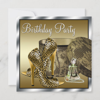 Invitación Leopard High Heel Shoes Black Gold Mujeres Cumplea