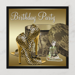 Invitación Leopard High Heel Shoes Black Gold Mujeres Cumplea