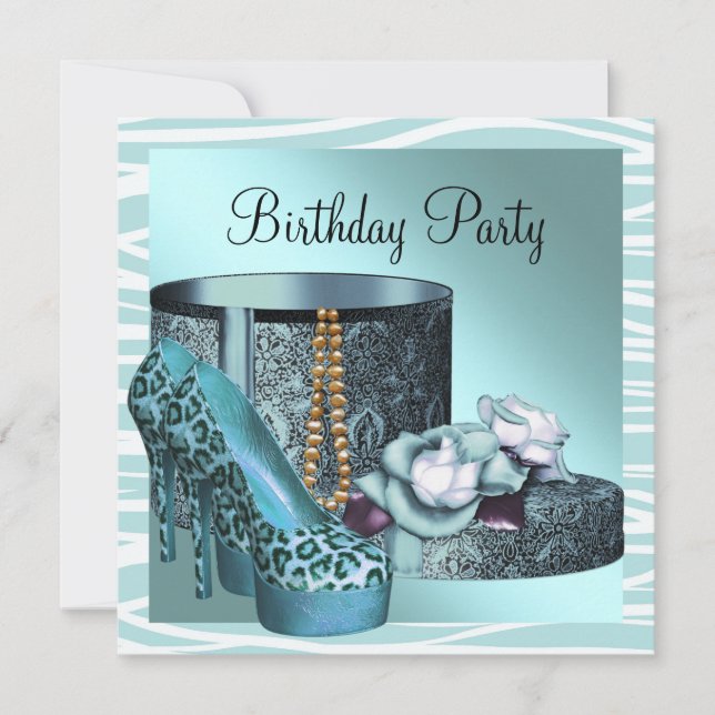 Invitación Leopard High Heel Shoes fiesta de cumpleaños azul  (Anverso)