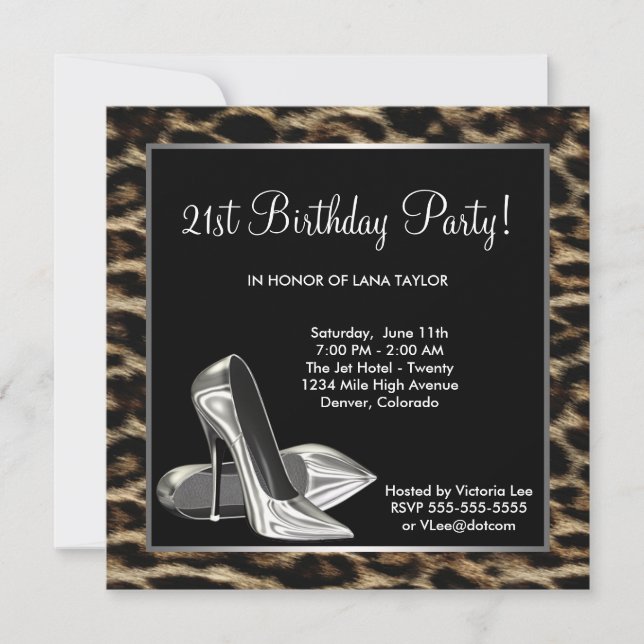 Invitación Leopard High Heel Shoes Mujeres Cumpleaños (Anverso)