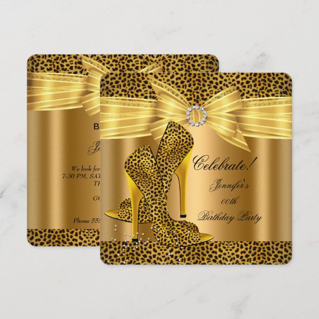 Invitación Leopard High Heels Shoes Gold Birthday Party (Anverso / Reverso)
