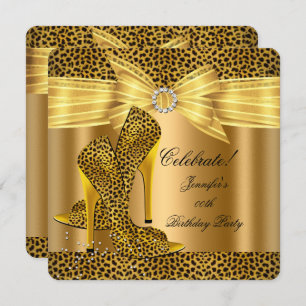 Invitación Leopard High Heels Shoes Gold Birthday Party
