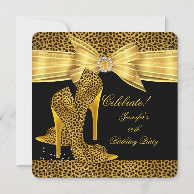 Invitación Leopard High Heels Shoes Gold Black Birthday Party (Anverso)
