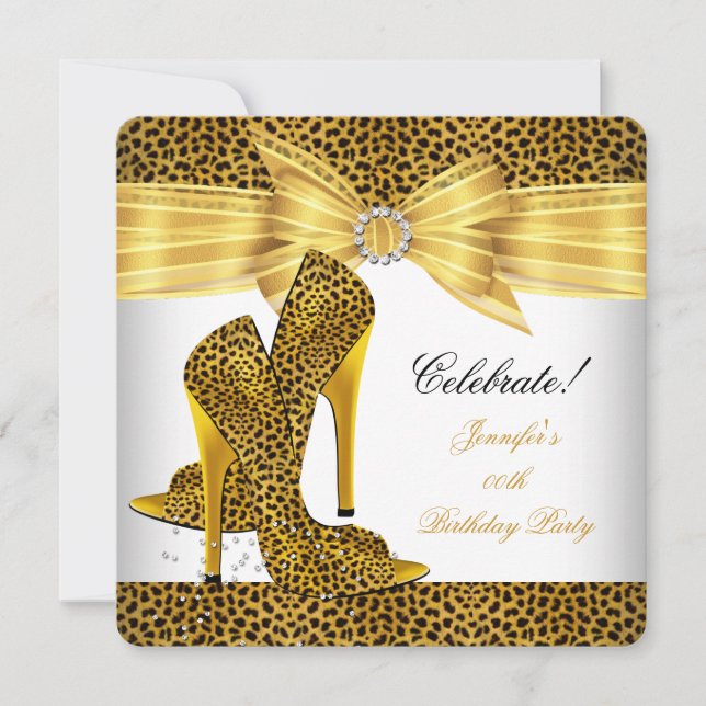 Invitación Leopard High Heels Shoes Gold White Birthday Party (Anverso)