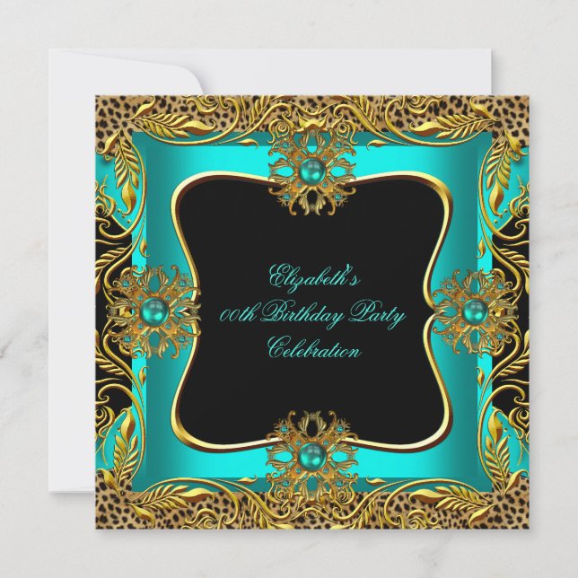 Invitación Leopard Jade Verde azulada Gold Jewel Black Birthd (Anverso)